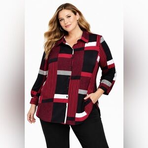 Susan Graver Geometric Button‎ Blouse Red Black 1X